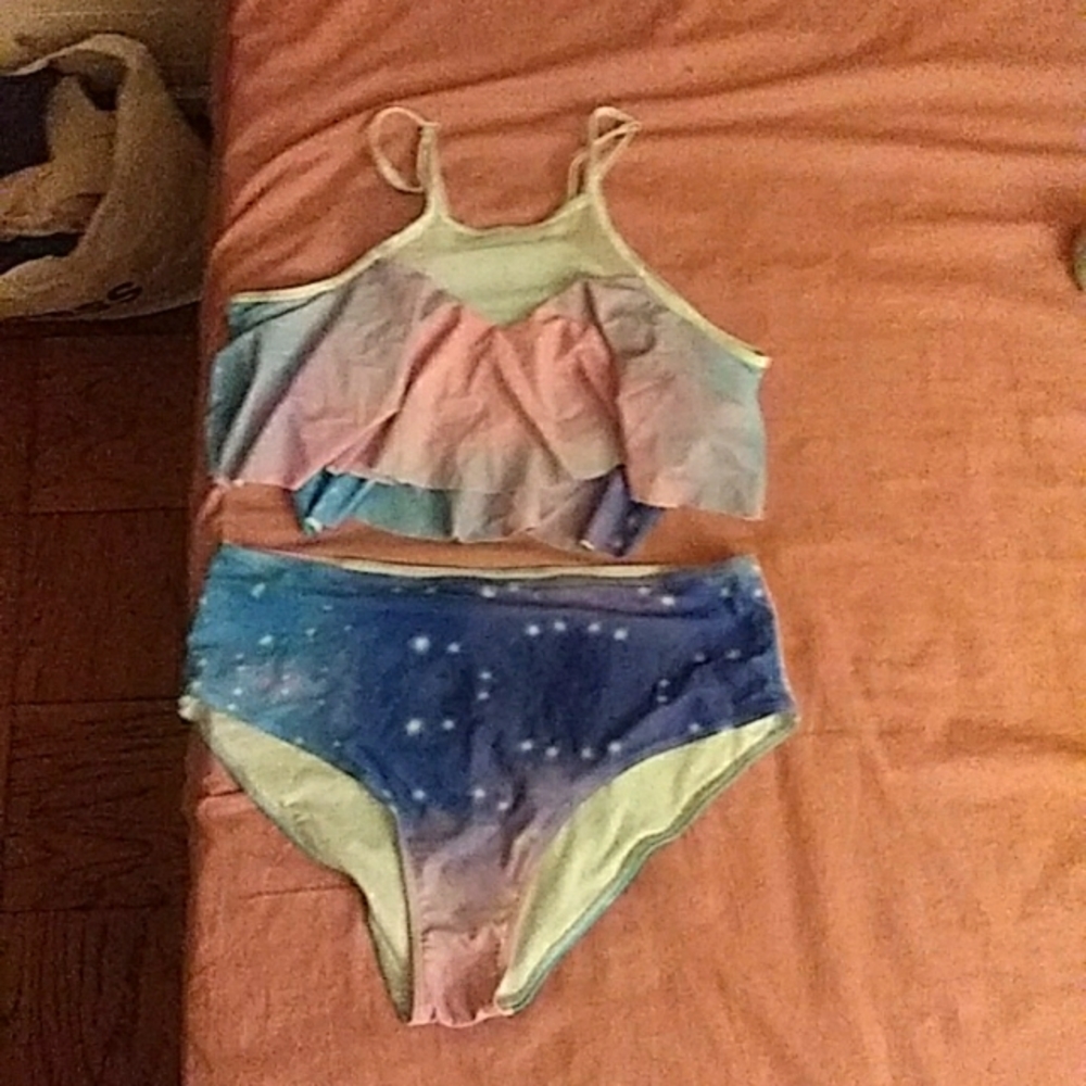 Mesh Panel Tie Dye Overlay Tankini Set, XXXL/Size 14